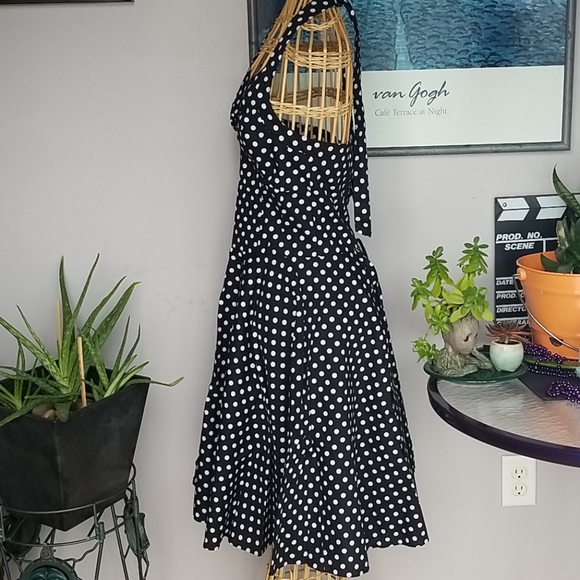 Maggie Tang Retro 1950's Medium Black & White Polka Dot Halter Midi Swing Dress - Picture 2 of 9